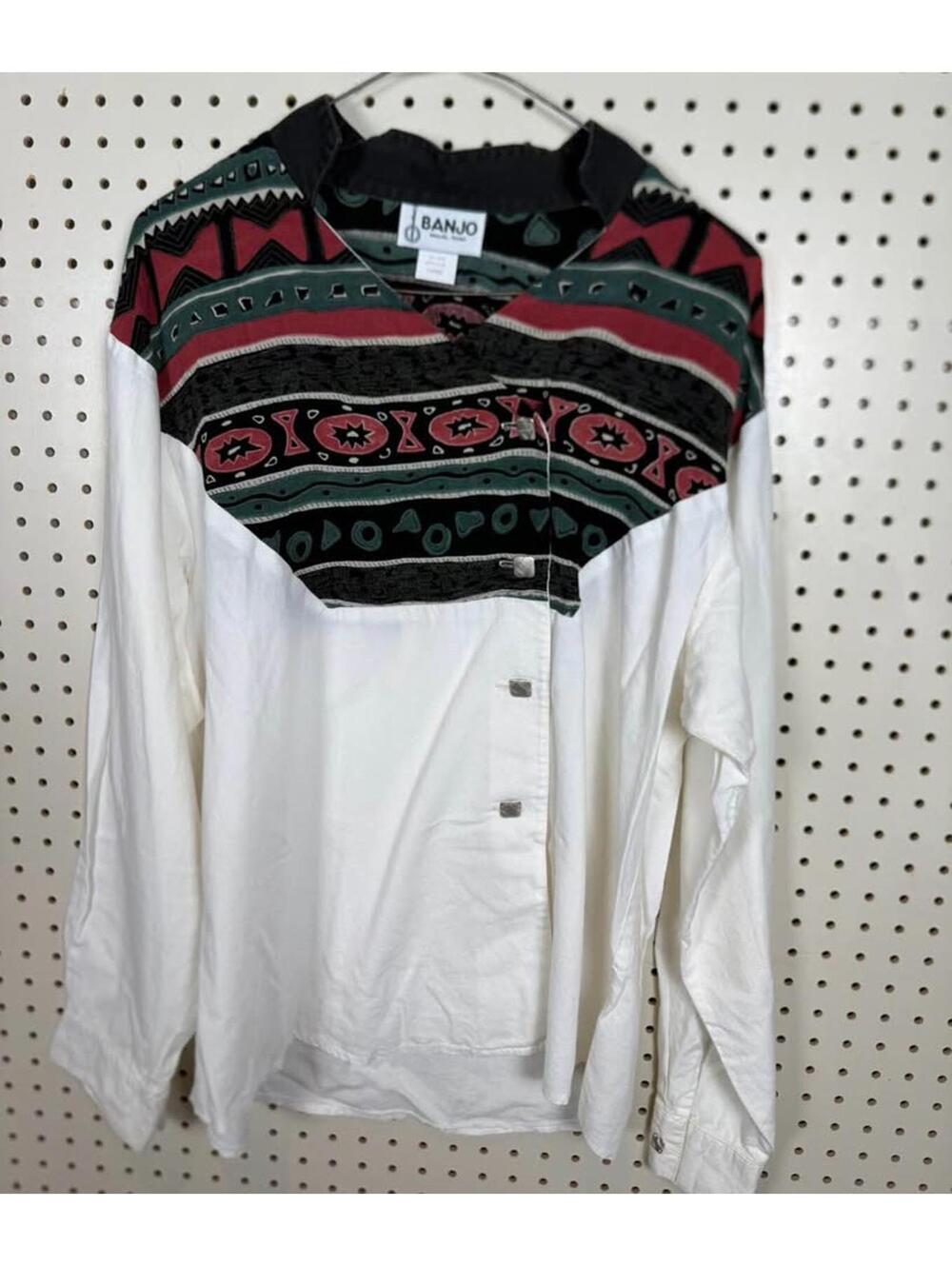 Vintage Western Shirt Large with Patterned Yoke White